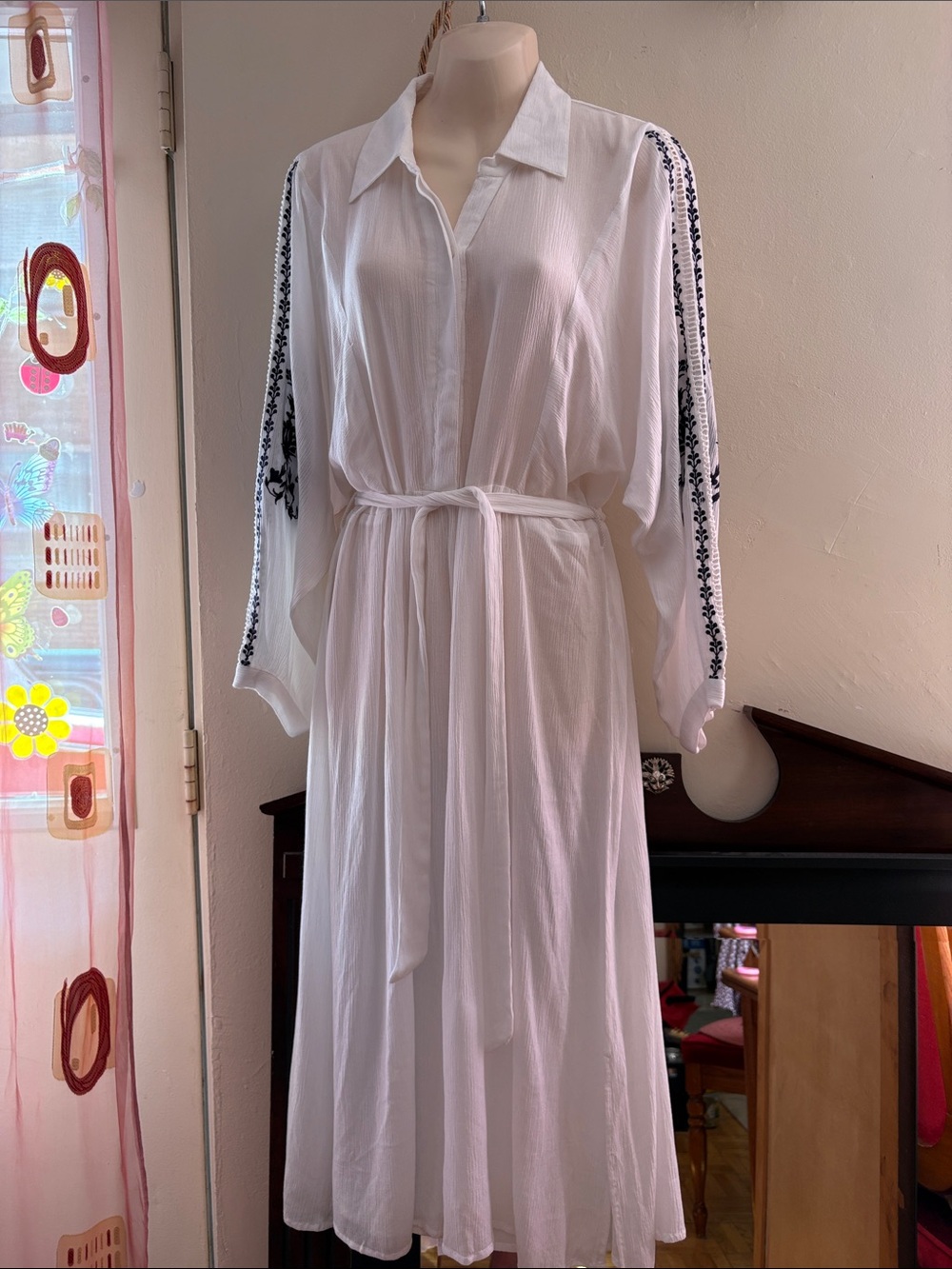 White Embroidered Maxi Shirt Dress with Tie Waist